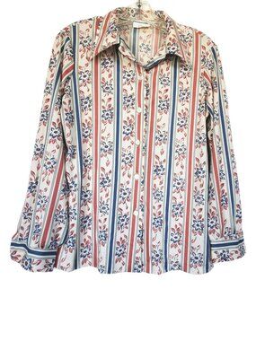 VTG 70s Lori-Lynn Floral Striped Dagger Collar Blouse Wallpaper Retro Disco S/M